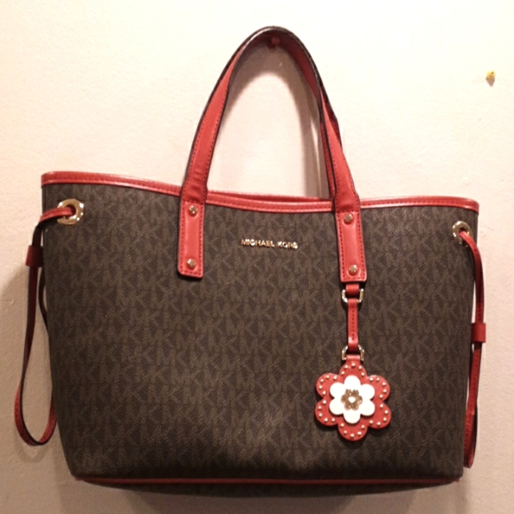Michael Kors Red and Brown Monogram Tote Authentic